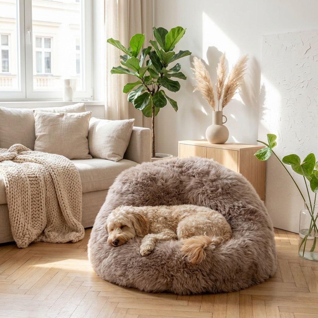 Calming Dog Bed Natural Sheepskin Beanbag Greige Handmade In Poland