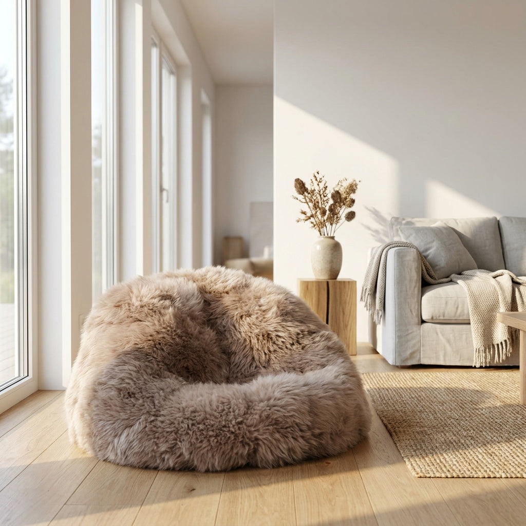 Calming Dog Bed Natural Sheepskin Beanbag Greige Handmade In Poland