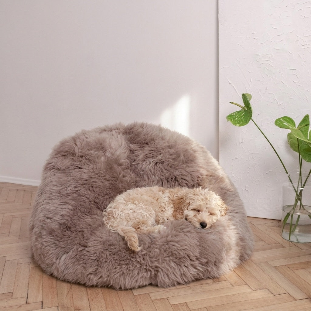Calming Dog Bed Natural Sheepskin Beanbag Greige Handmade In Poland
