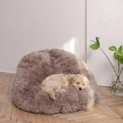 Calming Dog Bed Natural Sheepskin Beanbag Greige Handmade In Poland