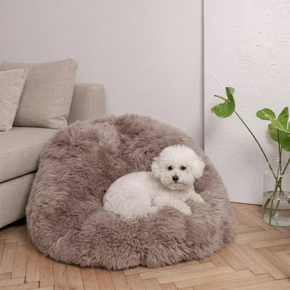 Calming Dog Bed Natural Sheepskin Beanbag Greige Handmade In Poland