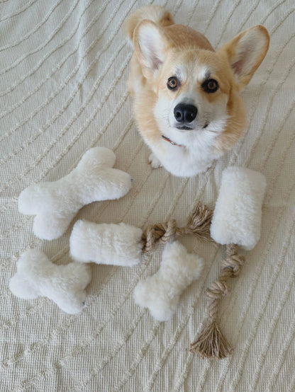 Natural Sheepskin Dog Toy - Bone - Black-4